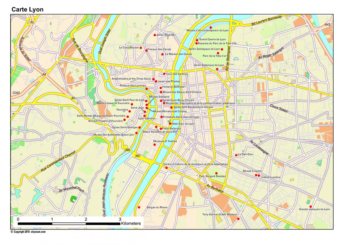Lyon atraccións turísticas mapa